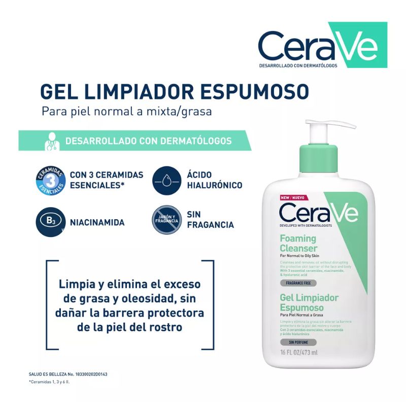 Gel Cerave Limpiador Espumoso Piel Normal A Grasa Sin Perfume De 473 Ml Día Y Noche