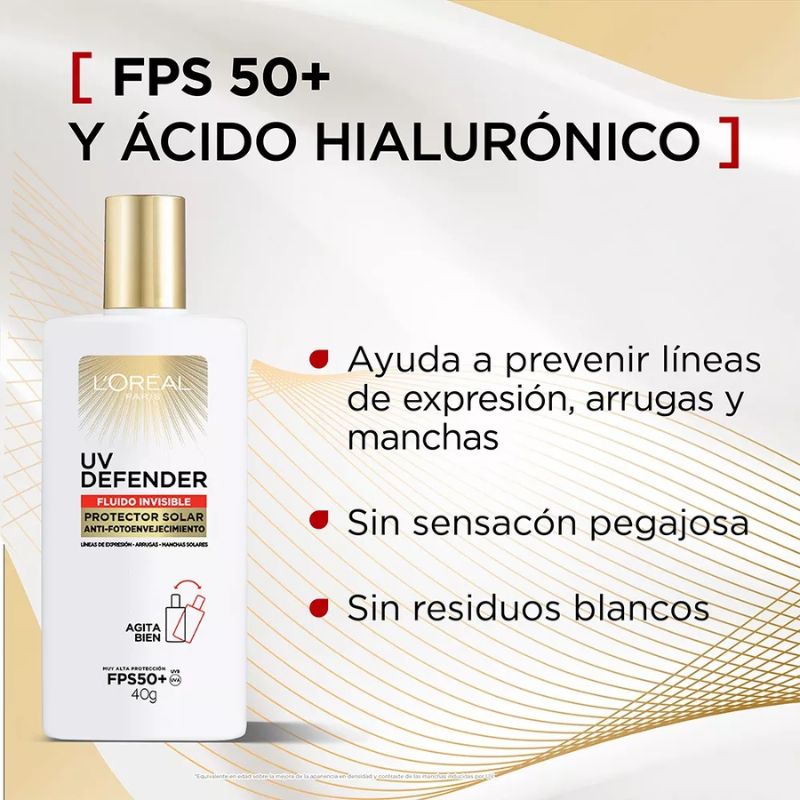 L'oréal Paris Protector Solar Diario Fps50+ Uv Defender Fluido Invisible, 40ml