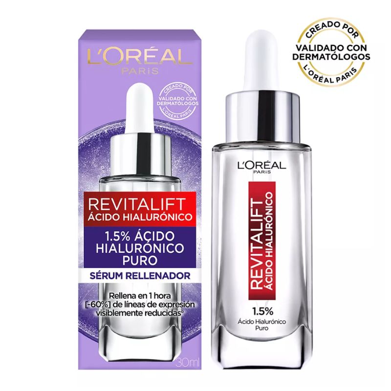 Sérum Rostro Revitalift Ácido Hialurónico de L'Oréal Paris: Un Básico en tu Rutina de Skin Care, hidrata intensamente y rellena líneas de expresión.