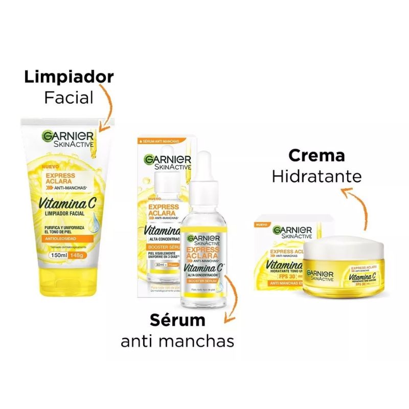 Tres Kit Garnier Express Aclara Serum +crema +gel Con Vitamina C