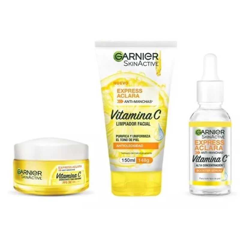 Tres Kit Garnier Express Aclara Serum +crema +gel Con Vitamina C