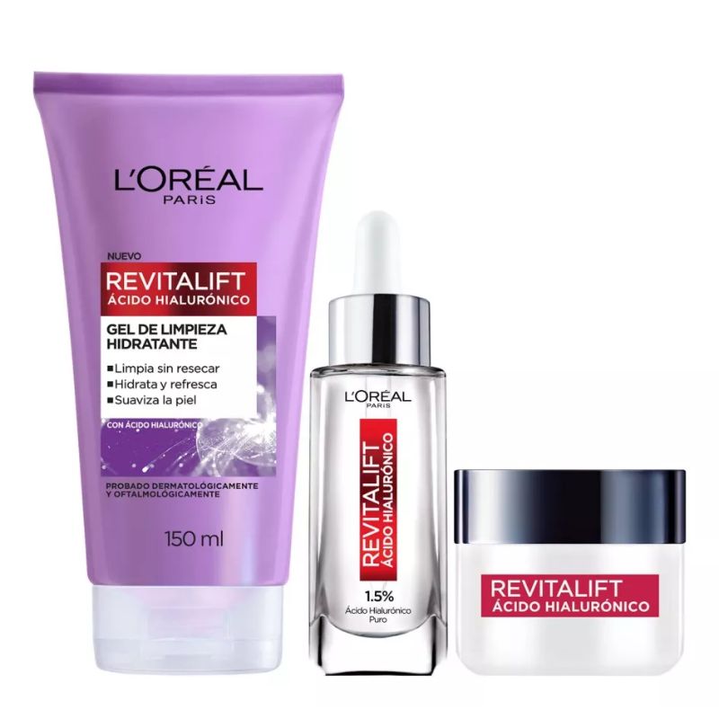 Kit L'Oréal Paris Revitalift Ácido Hialurónico: Sérum rellenador facial Crema día Gel limpiador 3 piezas Hidrata intensamente y rellena líneas de expresión aprobado por dermatólogos skin care