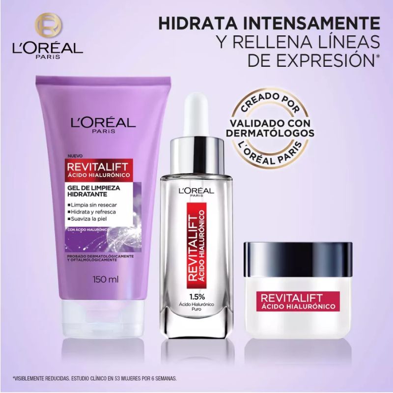 Kit L'Oréal Paris Revitalift Ácido Hialurónico: Sérum rellenador facial Crema día Gel limpiador 3 piezas Hidrata intensamente y rellena líneas de expresión aprobado por dermatólogos skin care