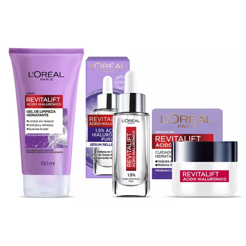 Kit L'Oréal Paris Revitalift Ácido Hialurónico: Sérum rellenador facial Crema día Gel limpiador 3 piezas Hidrata intensamente y rellena líneas de expresión aprobado por dermatólogos skin care