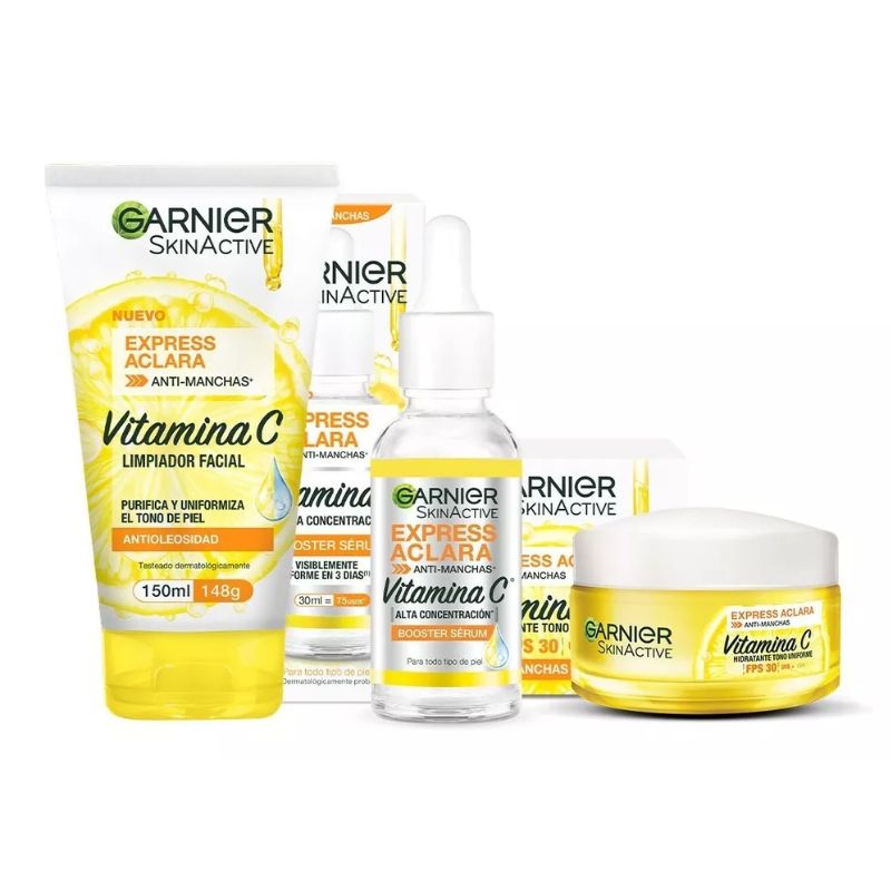 Tres Kit Garnier Express Aclara Serum +crema +gel Con Vitamina C